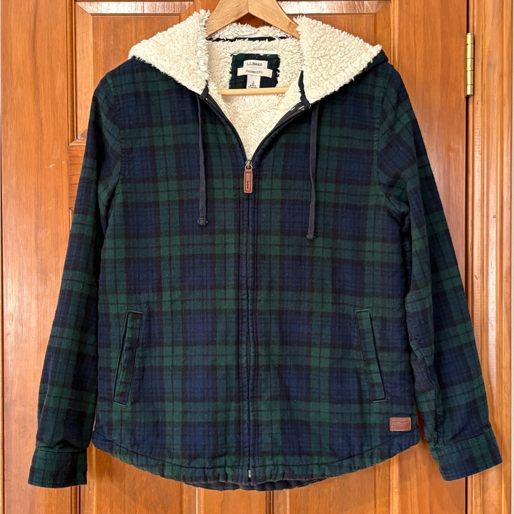 L.L. Bean - Green and Blue Plaid, Flannel shirt, Sherpa lined Women's Jacket